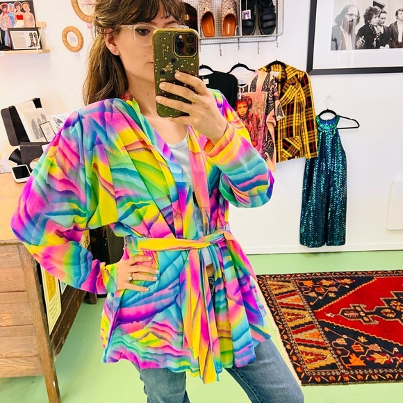 Stunning Vintage LISA FRANK VIBES 1980s Rainbow 🌈 Robe Medium - Picture 2 of 15